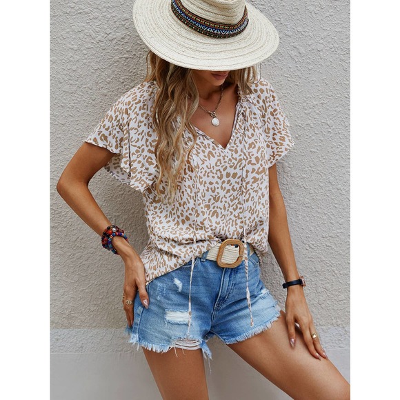 boho Leopard print Tie Neck short Sleeve Blouse tan - Picture 4 of 4